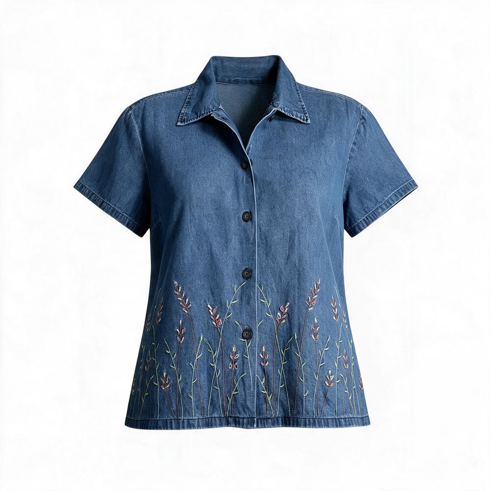 Vintage Jane Ashley Denim Shirt Womens XL Embroidered Beaded Floral Y2K